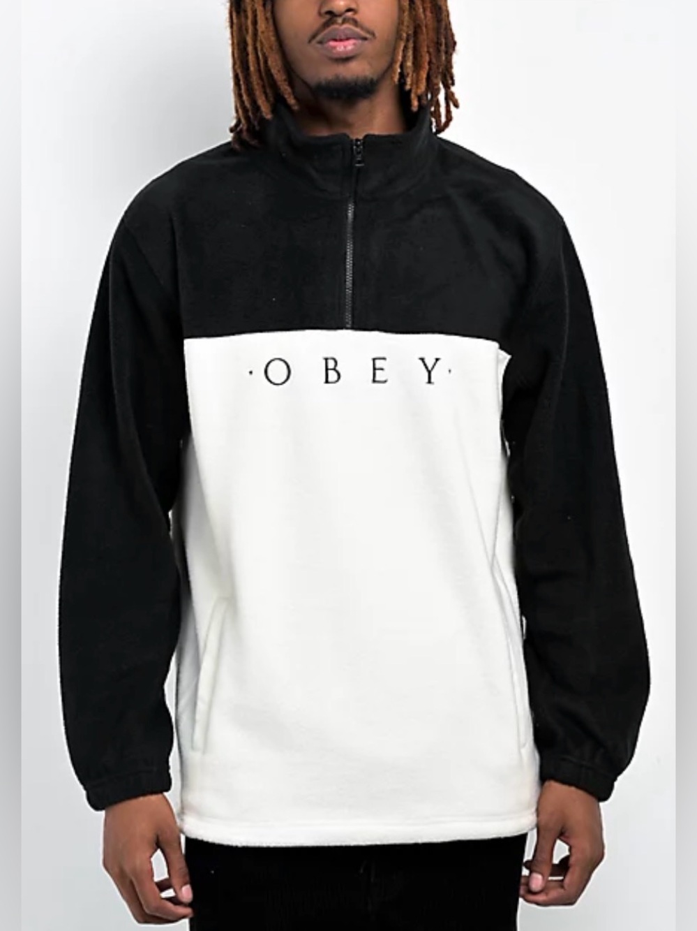 Obey Men’s Channel White & Black Mock Neck Fleece Pullover Sweatshirt, Sz XXL